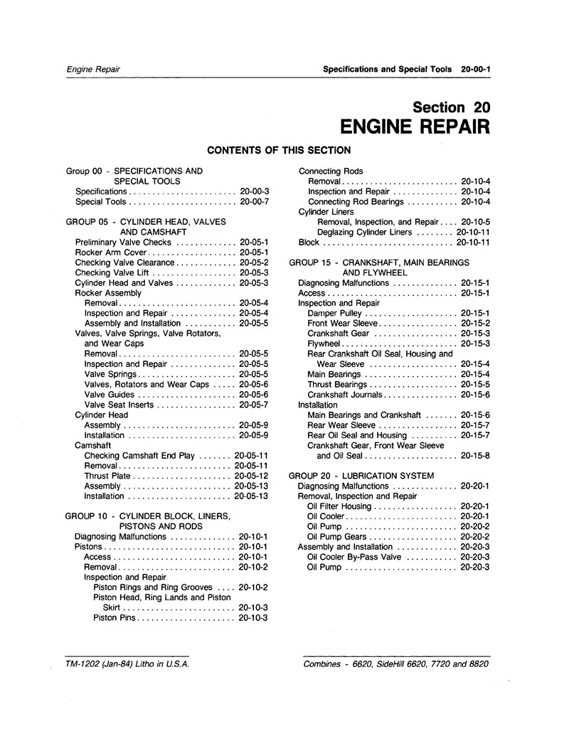 John Deere 6620, 6620 SideHill 7720, and 8820 Engine Repair - Technical Manual