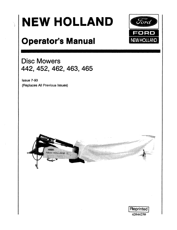 New Holland 442, 452, 462, 463 and 465 Disc Mower Manual