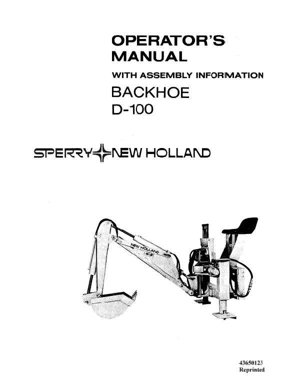 New Holland D-100 Backhoe Manual