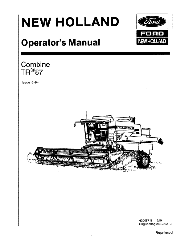 New Holland TR87 Combine Manual