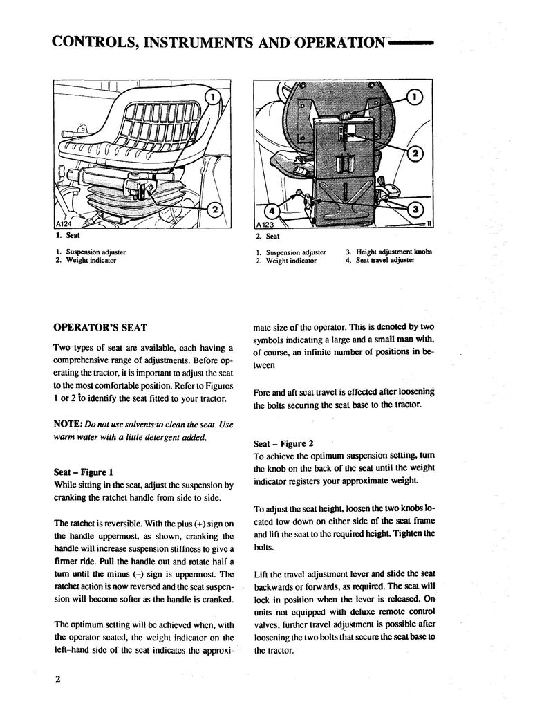 Page from a manual detailing controls, instruments, and operation of an operator's seat.