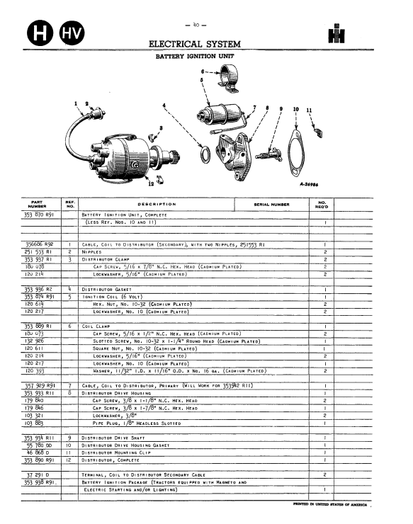 International Harvester Farmall H and HV Tractor - Parts Catalog