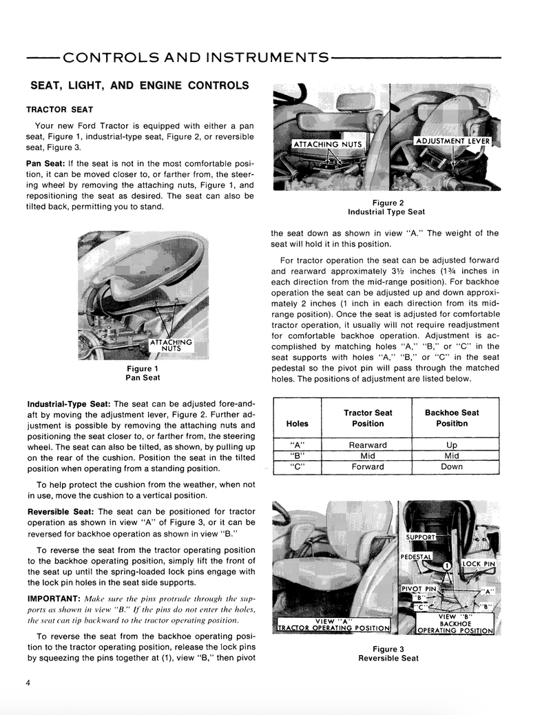 Page from a manual detailing tractor seat, light, and engine controls with text and illustrations.