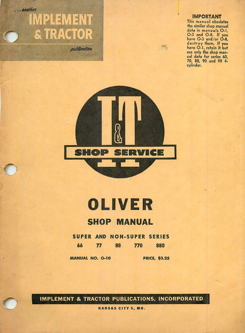 Oliver 66, 77, 88, 770, and 880 Tractors - I&T Shop Manual