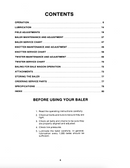 Table of contents for a machine manual on baling equipment.
