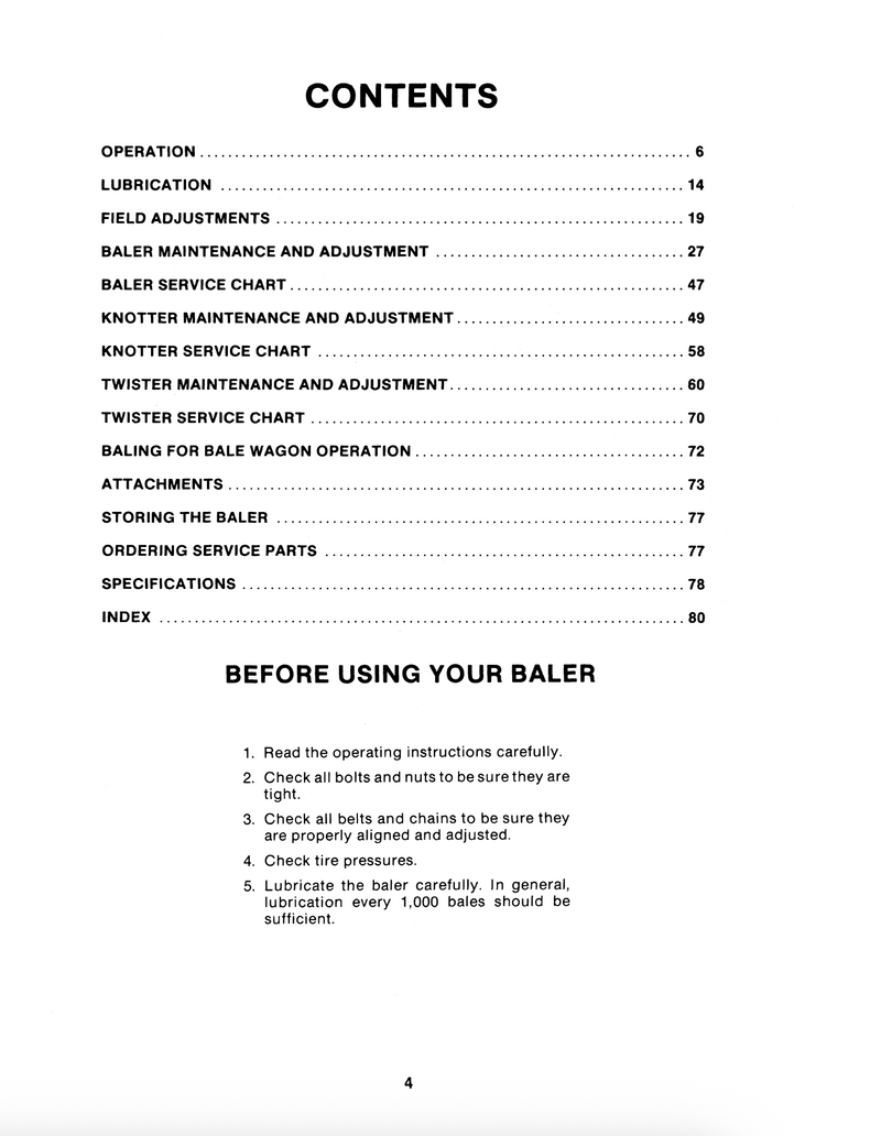 Table of contents for a machine manual on baling equipment.