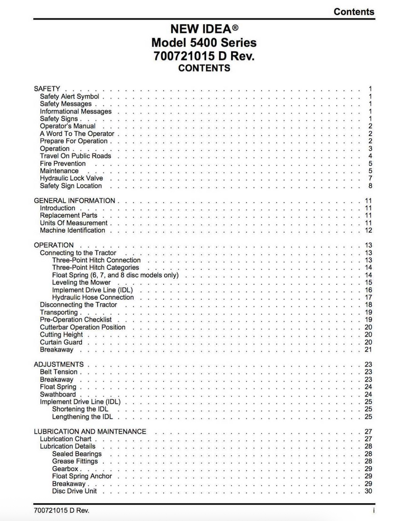 Table of contents for a New Idea Model 5400 Series manual on a white background.