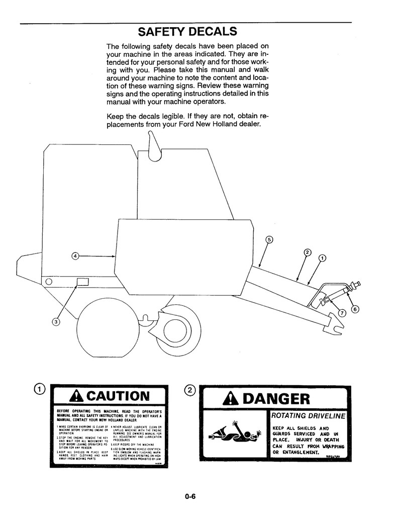 Safety decals and machine diagram for a construction vehicle on a white background