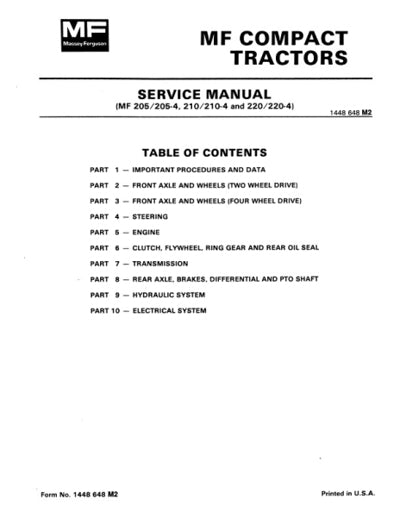 Massey Ferguson 205, 205-4, 210, 210-4, 220,and 220-4 Tractor - Service Manual