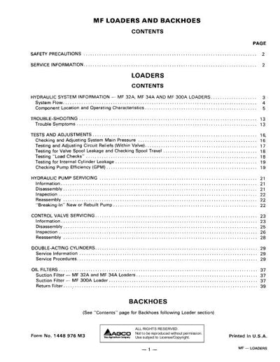Massey Ferguson 32A, 34A, 300A Loader, 52A and 54A Backhoe - Service Manual