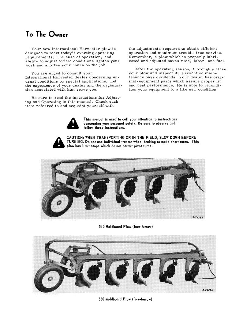 International 540, 550, and 560 Moldboard Plow Manual