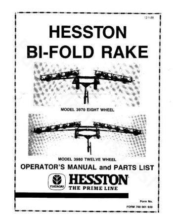 Hesston 3970 and 3980 Hay Rake Manual