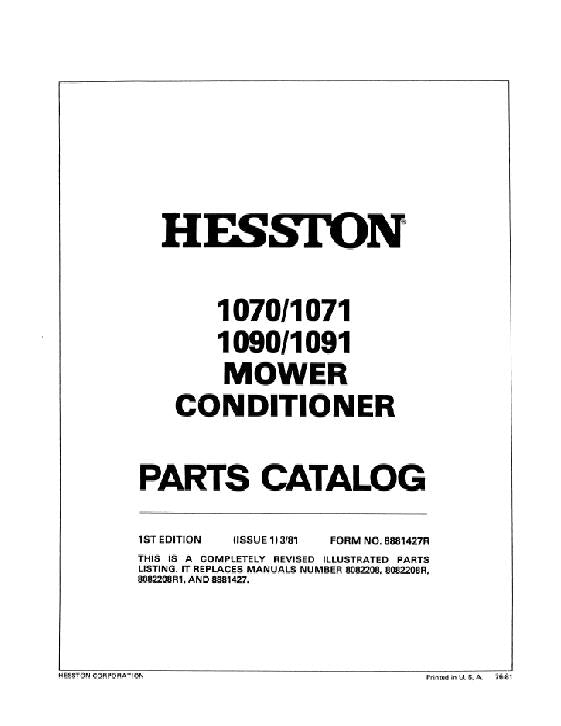 Hesston 1070, 1071, 1090, and 1091 Mower Conditioner - Parts Catalog