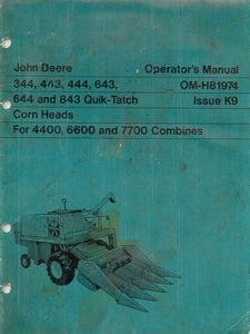 John Deere 344, 443, 444, 643, 644, and 843 Quik-Tatch Corn Heads For 4400, 6600 and 7000 Combines Manual
