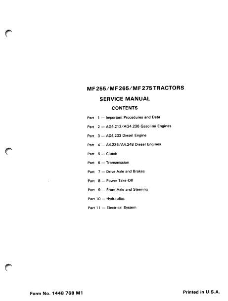 Massey Ferguson 255, 265, and 275 Tractor - Service Manual