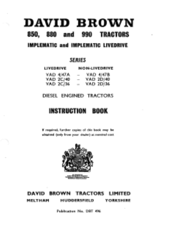 David Brown 850, 880 and 990 Tractor Manual