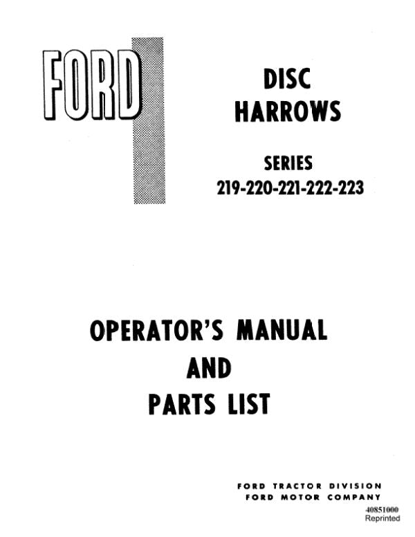 Ford 219, 220, 221, 222, 223 Disc Harrows Manual