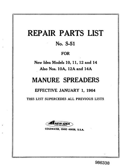 New Idea 10, 10A, 11, 12, 12A, 14 and 14A Manure Spreader - Parts Catalog