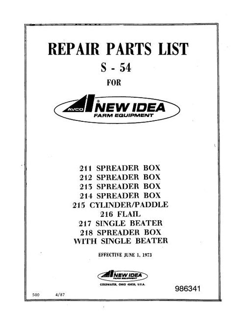New Idea 211, 212, 213, 214, 215, 216, 217 and 218 Manure Spreader - Parts Catalog