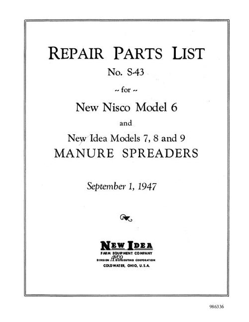 New Idea 6, 7, 8, and 9 Manure Spreader - Parts Catalog