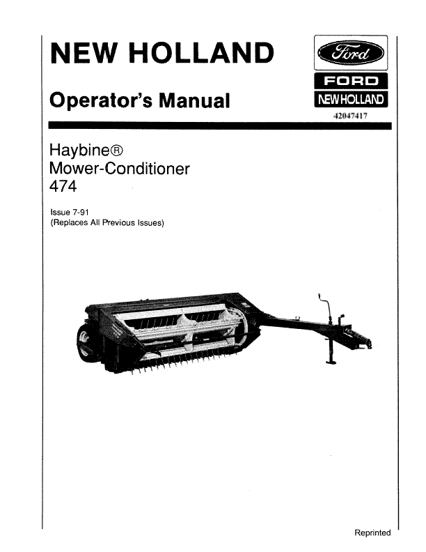New Holland 474 Haybine Mower Conditioner Manual