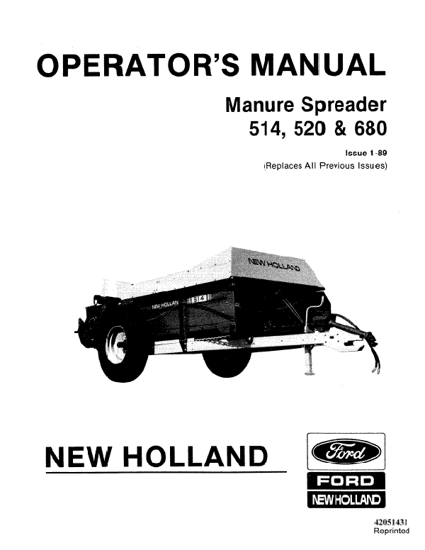 New Holland 514, 520 and 680 Manure Spreader Manual
