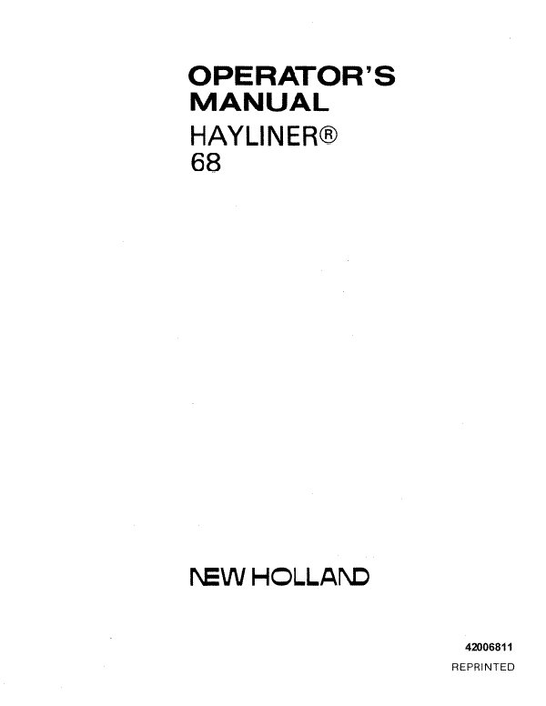 New Holland 68 and Super 68 Hayliner Baler Manual
