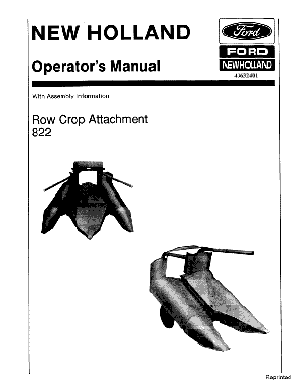 New Holland 822 Row Crop Attachment Manual