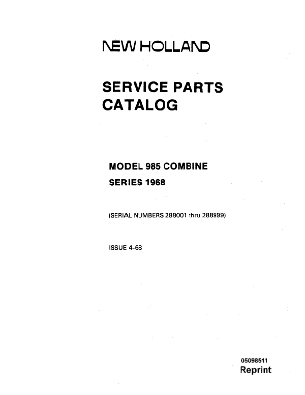 New Holland 985 Combine - Parts Catalog