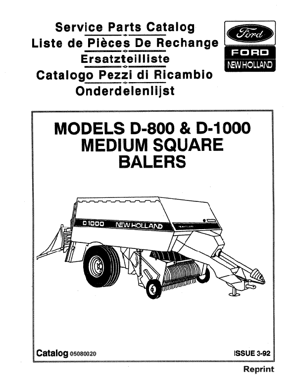 New Holland D1000 and D800 Round Hay Baler - Parts Catalog
